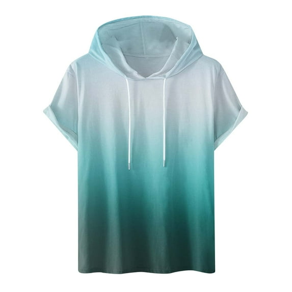 JUUYY Mens Summer Fashion Gradient Hooded Pullover Drawstring Short Sleeve Sports T-Shirt Mint Green M
