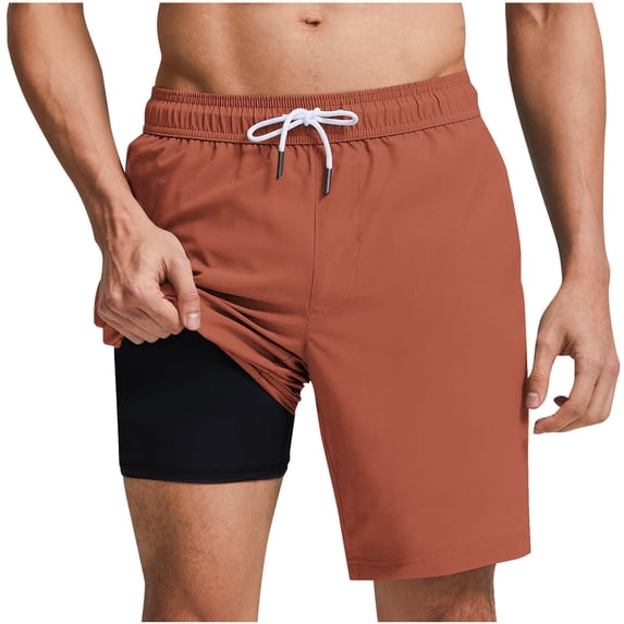 JUUYY Mens Swim Trunks Quick Dry Bathing Suit Drawstring Elastic Waist Loose Beach Board Shorts with Compression Liner and Pocket Bronze L