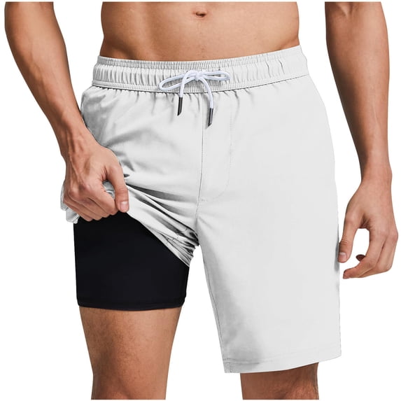JUUYY Mens Swim Trunks Quick Dry Bathing Suit Drawstring Elastic Waist Loose Beach Board Shorts with Compression Liner and Pocket White XXL