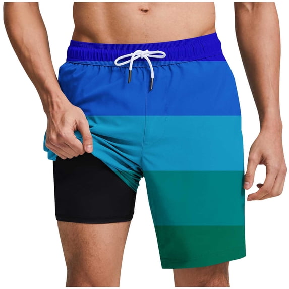 JUUYY Mens Swim Trunks Swim Shorts 2 in 1 Striped Color Block Quick Dry Beach Shorts with Compression Liner and Pocket Bathing Suit for Men Green XL