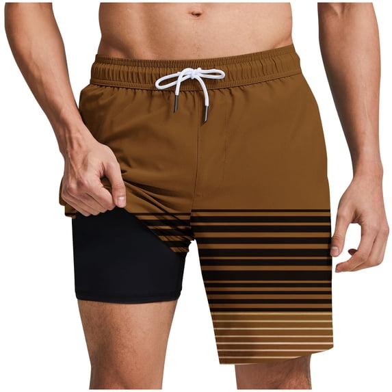 JUUYY Mens Swim Trunks with Compression Liner Casual Drawstring Elastic Waist Quick Dry Beach Shorts with Pockets Bathing Suit Brown XL