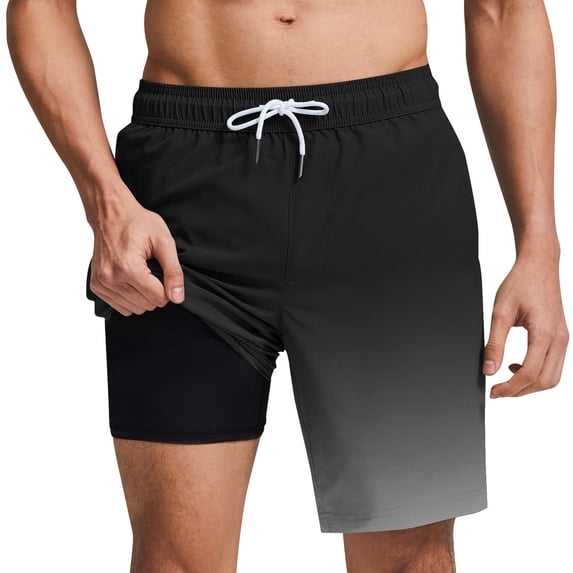 JUUYY Mens Swim Trunks with Compression Liner Quick Dry Beach Shorts Elastic Waist Loose Drawstring Swimwear Shorts with Pockets Black XXXL