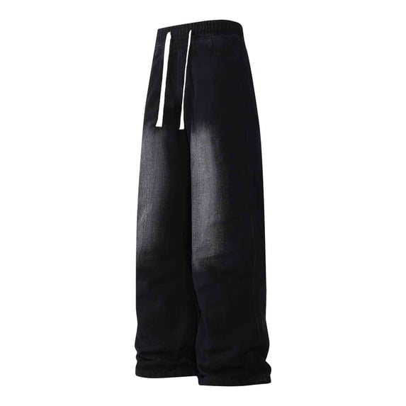 JUUYY Mens Vintage Washed Denim Pants Wide Leg Drawstring Elastic Waist Loose Straight Casual Full Length Jeans Pants with Pocket Black S