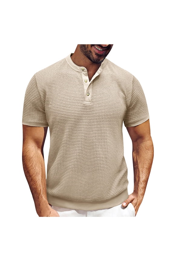 Mens Waffle Henley Shirts Casual Button Up Pullover T-Shirt Classic Fit Solid Color Shirt Short Sleeve Tops Khaki M
