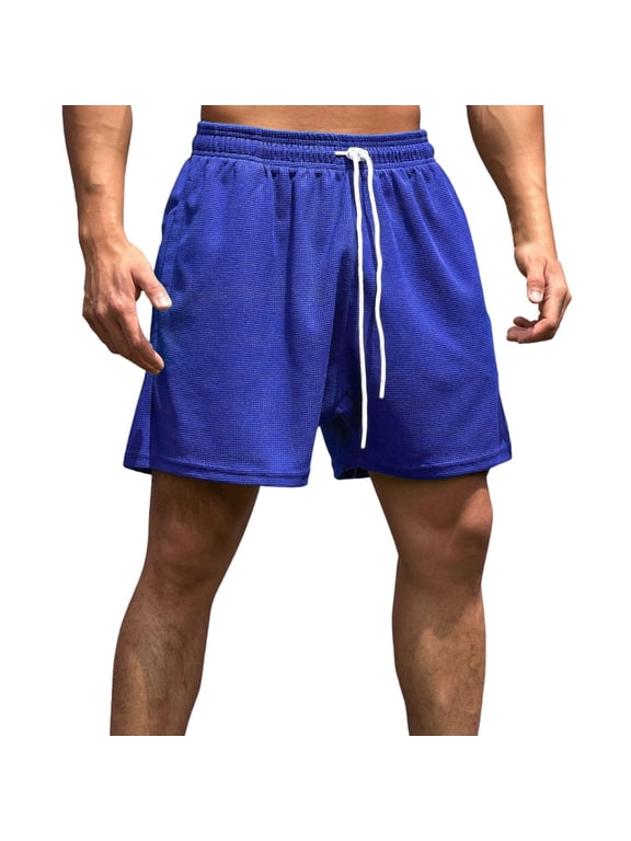 Mens Waffle Running Shorts Quick Drying Athletic Workout Gym Shorts with Pockets Drawstring Fashion Short Pant Blue XXXL