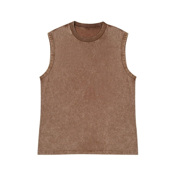 JUUYY Mens Washed Cotton Retro Distressed T-shirt Casual Round Neck Sleeveless Tank Tops Breathable T-Shirt Coffee M