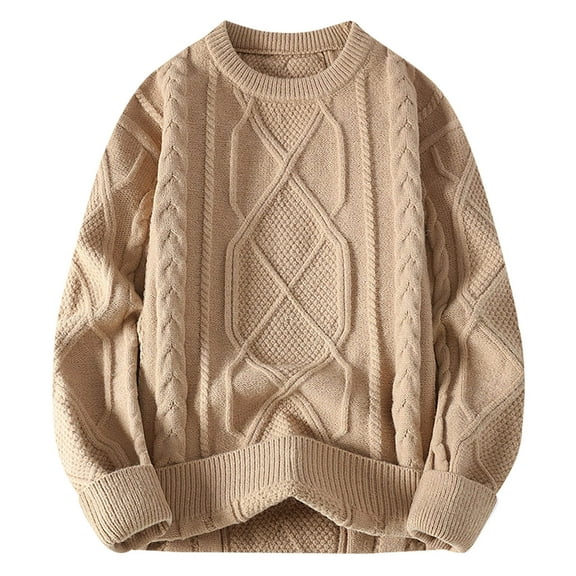 JUUYY Oversized Sweater Vintage Knitted Sweater Long Sleeve Sweater Men Woven Crewneck Pullover Khaki M