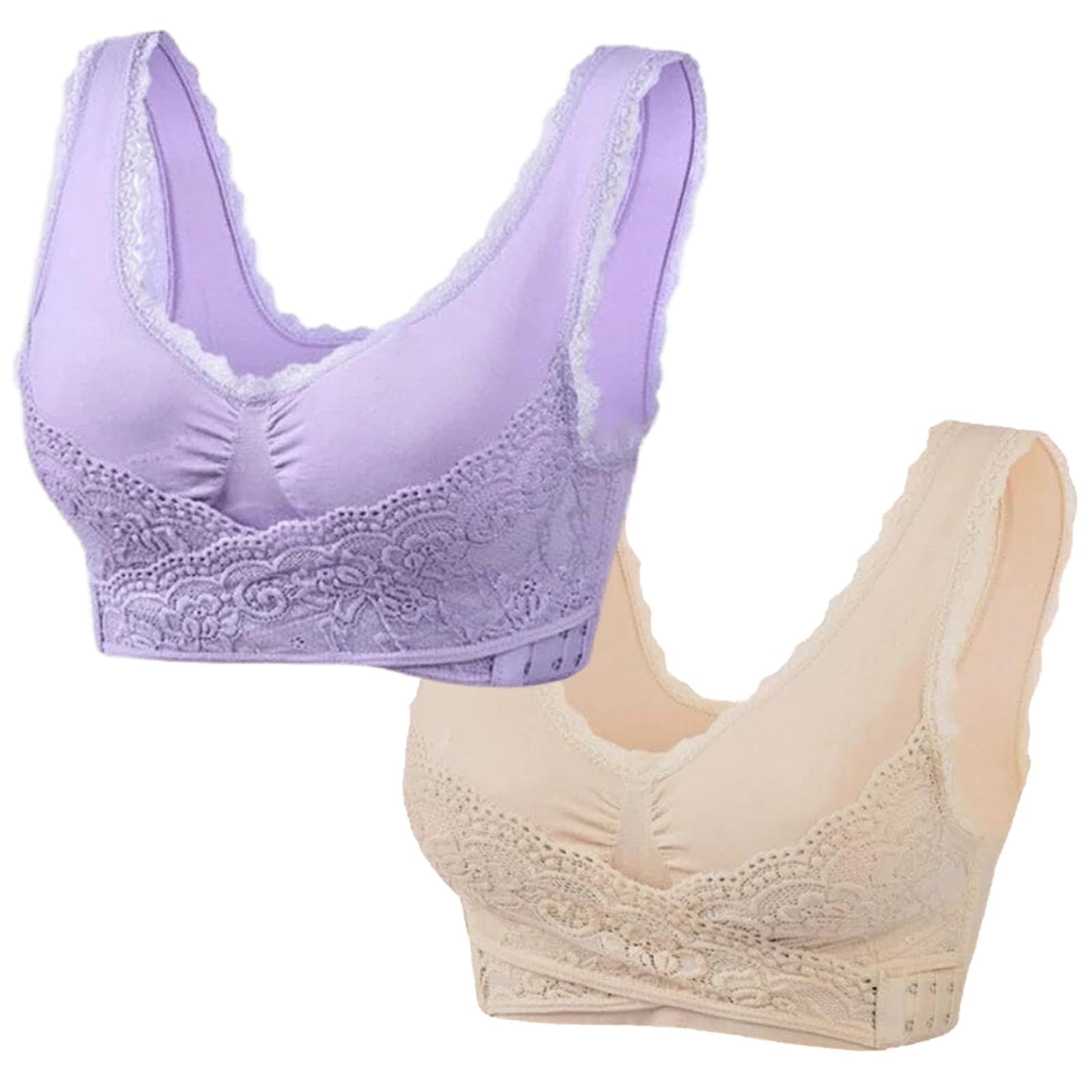 JUUYY Pack in 2, Sports Bras for Women Plus Size Seamless Lift Bra with  Front Cross Side Buckle Wireless Bra Push Up Lace Bralette for Yoga Workout  Running Purple+Beige XL 