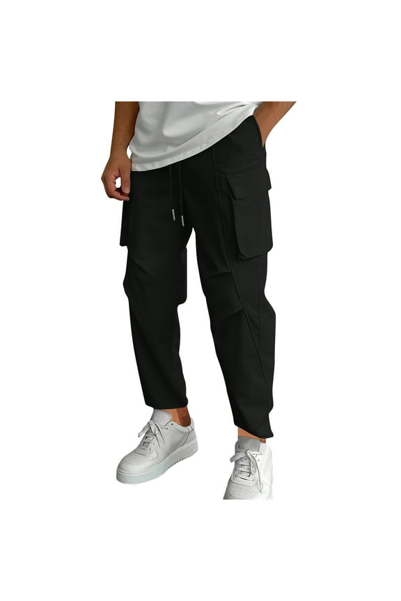 Pants for Men Fashion Trendy Loose Sports Casual Multi-pocket Foot Binding Trousers Stretch Elastic Waist Drawstring Work Pants Black M