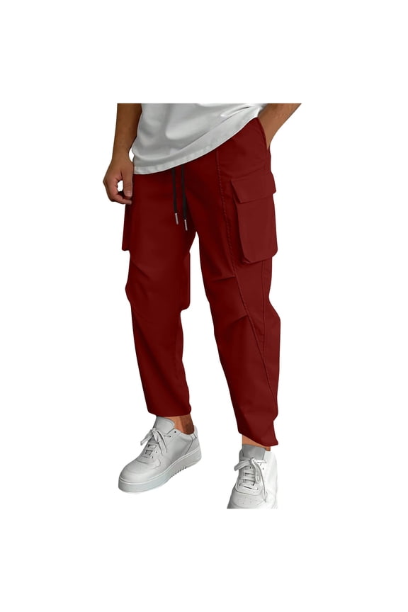 Pants for Men Fashion Trendy Loose Sports Casual Multi-pocket Foot Binding Trousers Stretch Elastic Waist Drawstring Work Pants Red S