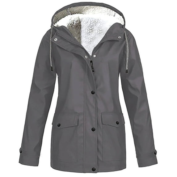 JUUYY Plus Size Rain Coats Jackets for Women Winter Warm Solid Long Sleeve Fleece Lined Raincoat Casual Zip up Waterproof Hooded Windbreaker Outerwear with Pockets Dark Gray XL
