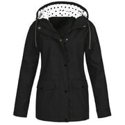 JUUYY Plus Size Women's Rain Jacket Lightweight Waterproof Packable Rain Coat Trendy Outdoor Polka Dot Drawstring Hooded Windproof Adjustable Windbreaker Outwear with Pocket Black XXXXL