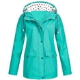 thumbnail image 1 of JUUYY Plus Size Women's Rain Jacket Lightweight Waterproof Packable Rain Coat Trendy Outdoor Polka Dot Drawstring Hooded Windproof Adjustable Windbreaker Outwear with Pocket Green XXL, 1 of 3