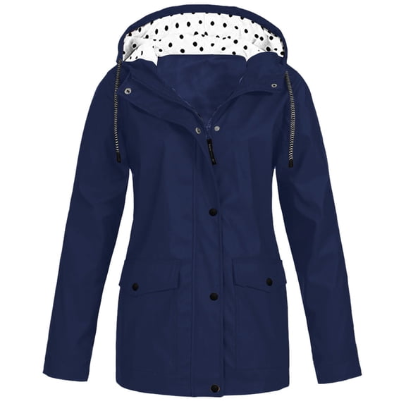JUUYY Plus Size Women's Rain Jacket Lightweight Waterproof Packable Rain Coat Trendy Outdoor Polka Dot Drawstring Hooded Windproof Adjustable Windbreaker Outwear with Pocket Navy XXXXL