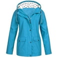 thumbnail image 1 of JUUYY Plus Size Women's Rain Jacket Lightweight Waterproof Packable Rain Coat Trendy Outdoor Polka Dot Drawstring Hooded Windproof Adjustable Windbreaker Outwear with Pocket Light Blue XL, 1 of 3