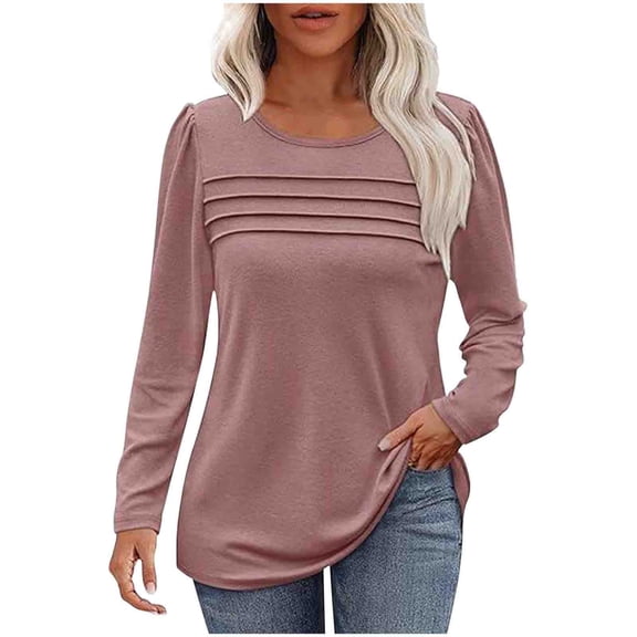 JUUYY Puff Long Sleeve T-Shirts for Women Casual Solid Pleated Crew Neck Tee Shirts Loose Fit Pullover Tops Pink XXL