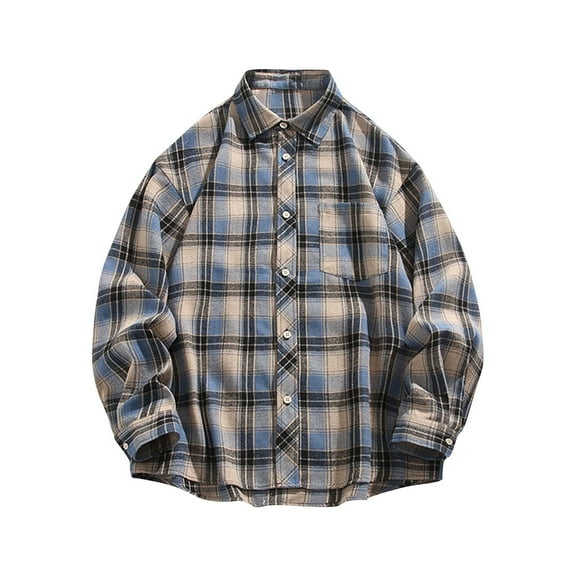 JUUYY Relaxed-Fit Plaid Shirts for Men Big and Tall Long Sleeve Shirt Tops Collar Button Down Shirts with Pocket Blue M