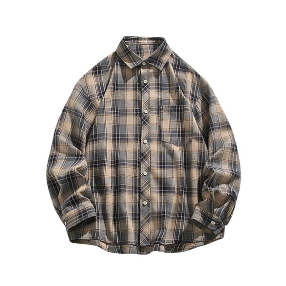 JUUYY Relaxed-Fit Plaid Shirts for Men Big and Tall Long Sleeve Shirt Tops Collar Button Down Shirts with Pocket Navy M
