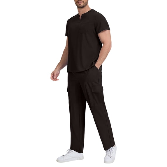 JUUYY Scrubs for Men Stretch V Neck Short Sleeve Scrub Tops and Pants with Multi-Pockets Work Set Quick Dry Anti-Wrinkle Mens Scrubs Set Coffee XL