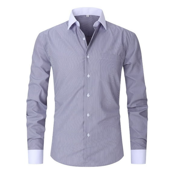 JUUYY Shirts for Men Long Sleeve Lapel Stripe Dress Shirts Slim Fit Button Down Casual Business Formal Shirt Gray XXXL