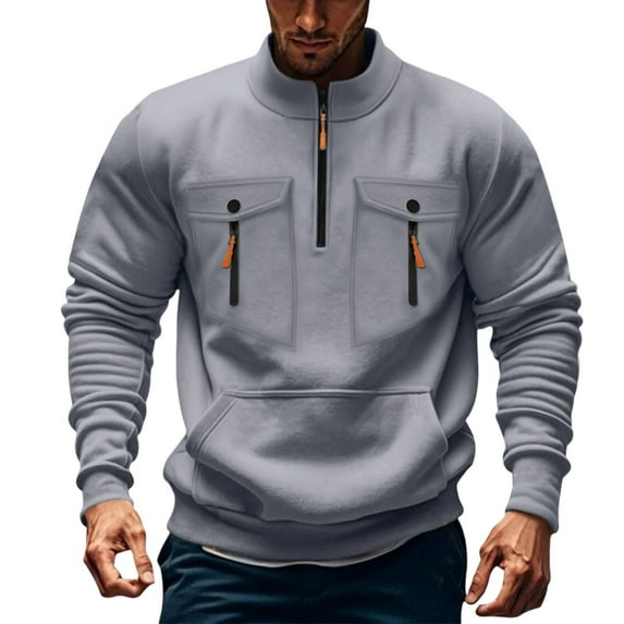 JUUYY Sweatshirts for Men Quarter Zip Pullover Sweatshirt Long Sleeve Stand Collar Vintage Sweatshirt with Pocket Fall Sweatshirt Gray XXXL
