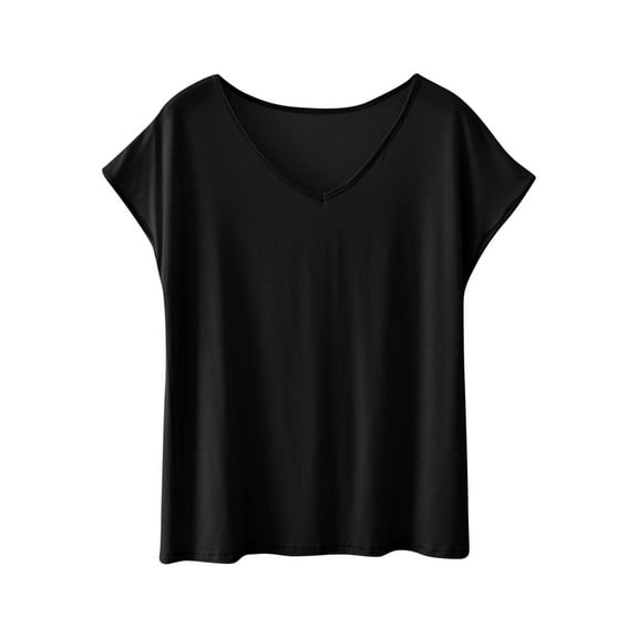 JUUYY V-Neck Summer T Shirts for Women Modal Solid Slim-Fit Short Sleeve Tops Casual Tee for Women Black L