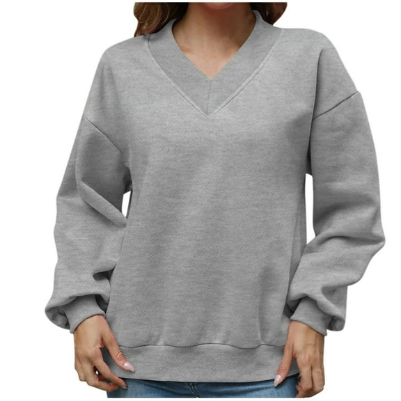 JUUYY V-Neck Sweatshirts for Women Oversized Long Sleeve Regular-Fit Solid Sweatshirt Loose Casual Pullover Tops Gray M
