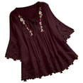thumbnail image 1 of JUUYY Western Shirts for Women Plus Size Vintage Boho Floral Printed Bow Keyhole V Neck Lace Crochet Patchwork Embroidery Tops Retro Three Quarter Blouse Wine XL, 1 of 7