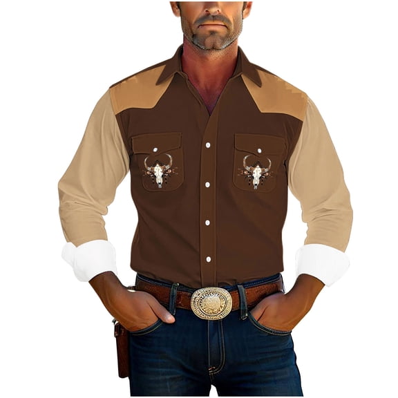 JUUYY Western Shirts for Men with Pockets Button Down Retro Ethnic Style Print Mens Long Sleeve Shirts Casual Coffee#1 L