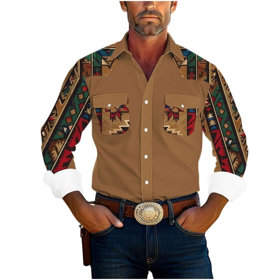 JUUYY Western Shirts for Men with Pockets Button Down Retro Ethnic Style Print Mens Long Sleeve Shirts Casual Coffee XL