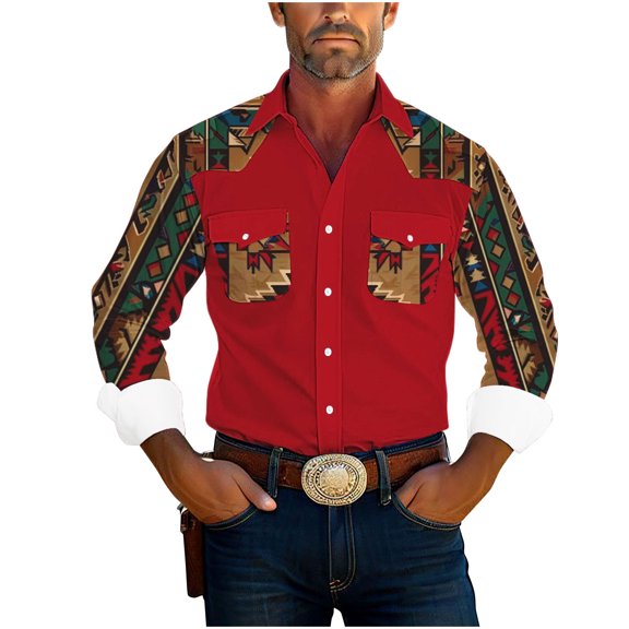 JUUYY Western Shirts for Men with Pockets Button Down Retro Ethnic Style Print Mens Long Sleeve Shirts Casual Red XXXXXL