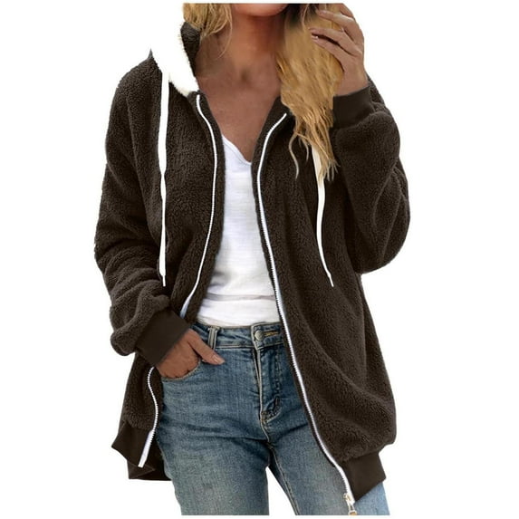 JUUYY Winter Coats for Women 2023 Plus Size Warm Lightweight Fleece Plush Zipper Hooded Jacket Casual Long Sleeve Comfy Wool Outwear Tops with Pockets Brown XXXXXL
