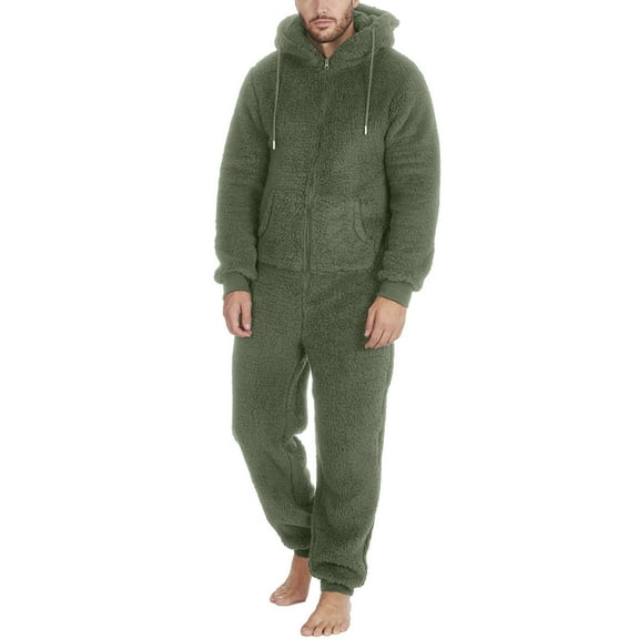 JUUYY Winter Sherpa Fuzzy One Piece Pajamas for Men Hoodie Zipper Jumpsuits Loungewear Long Sleeve Warm Fleece Plush Romper Army Green S