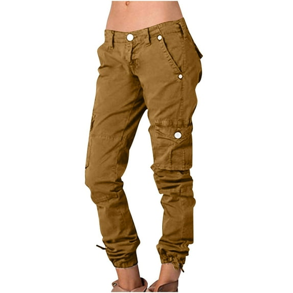 JUUYY Women Baggy Cargo Pants Vintage Button Low Waisted Straight Wide Leg Trousers with Multi-Function Side Pockets Hippie Punk Sweatpants Streetwear Joggers Brown L