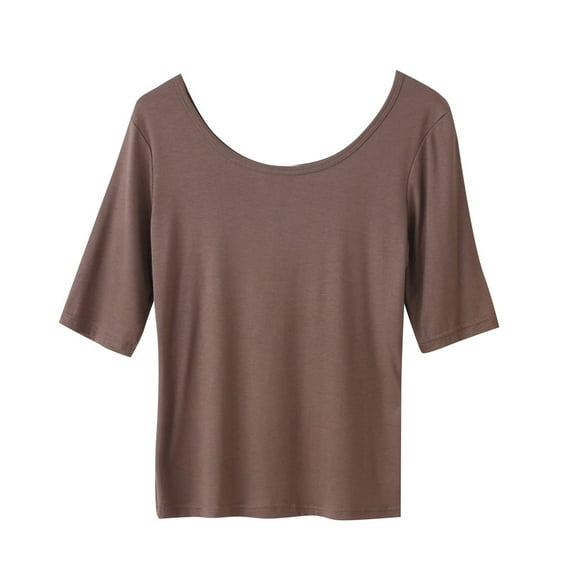 JUUYY Women Girl Solid Color Crew Neck Short Sleeve Base T-Shirt Top Modal Basic Shirts Loose Casual Tees Coffee XL