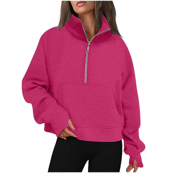 JUUYY Women Half Zip Pullover Sweatshirts Fall Winter Plus Size Long Sleeve Casual Solid Quarter Zipper Fleece Lined Cropped Tops Sweater Pockets Thumb Hole Hot Pink XL