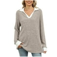 thumbnail image 1 of JUUYY Women Oversized Sweaters Lapel V-Neck Knit Long Sleeve Ribbed Sweater Tops Fashion Solid Casual Loose Shirt Khaki M, 1 of 9