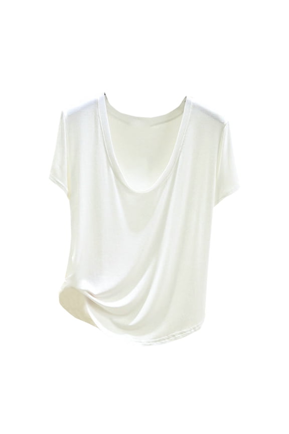 Women Relaxed Cooling U-Neck T-Shirt with High Low Hem Sleep T-Shirts Modal Round Neck Solid Color Top White XL