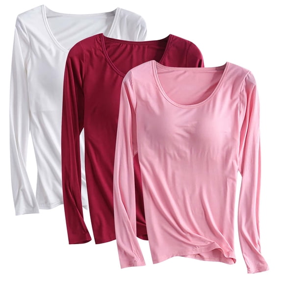 JUUYY Women's Basic Long Sleeve T Shirts, Crewneck Slim Fit Stretch Tops, Plain Layer Underscrub Tees 3 Pack Wine XXL