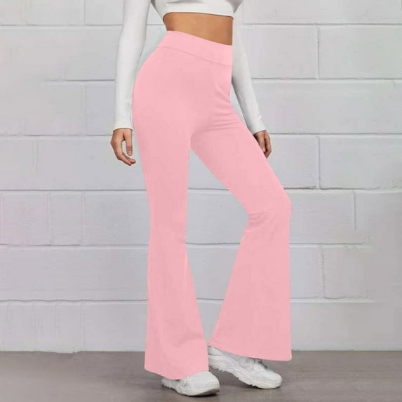 JUUYY Women's Bootcut Yoga Pants, Soft High Waist Workout Bootleg Yoga Pants with Tummy Control Solid Color 4 Way Stretch Flared Leggings Pink M