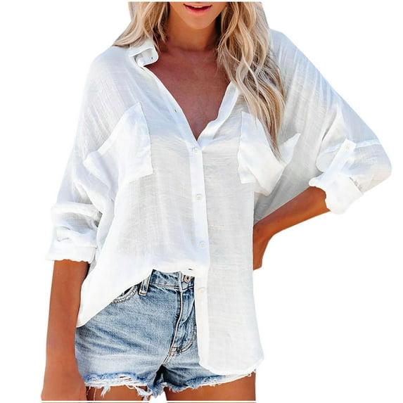 JUUYY Women's Button Down Shirts V Neck Casual Long Sleeve Roll Up Loose Plain Solid Color Blouses Tops with Pockets White L