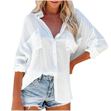 JUUYY Women's Button Down Shirts V Neck Casual Long Sleeve Roll Up Loose Plain Solid Color Blouses Tops with Pockets White S