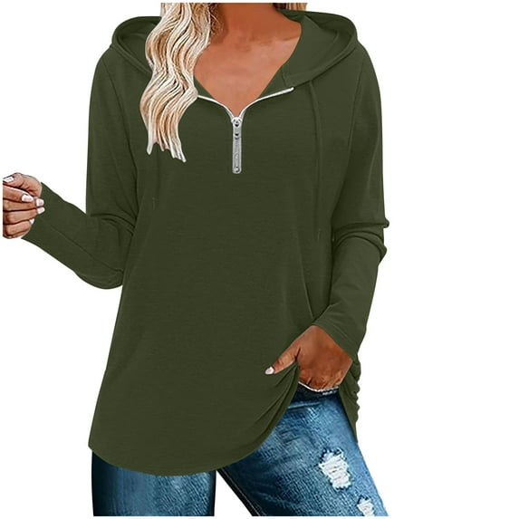 JUUYY Women's Casual Hooded Sweatshirts Solid Long Sleeve 1/4 Zip Pullover Hoodies Loose Fitting Sports Top Army Green XXL
