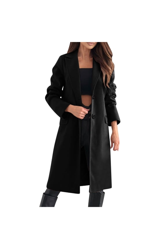 Women's Casual Single Breasted Midi Long Wool Coat Herringbone Dressy Winter Trench Solid ColoR Trendy Coat Black XXL