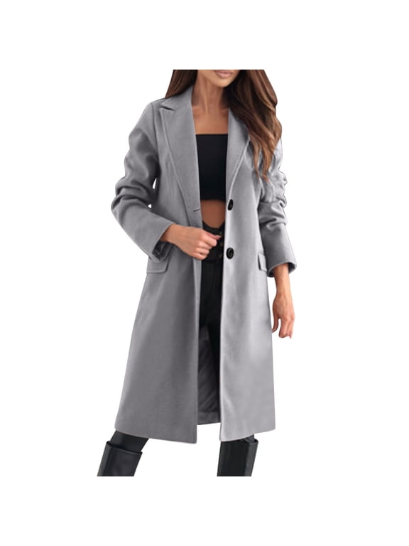 Women's Casual Single Breasted Midi Long Wool Coat Herringbone Dressy Winter Trench Solid ColoR Trendy Coat Gray XL