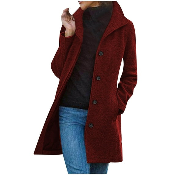 JUUYY Women's Casual Thicken Wool Blend Stand Collar Single Breasted Pea Trendy Solid Color Trendy Coat Red XXL