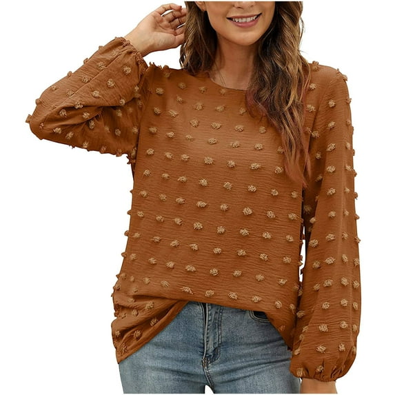 JUUYY Women's Chiffon Blouses Long Sleeve Crewneck Tops Dressy Casual Loose PomPom Solid Color Spring Fall Shirts Khaki XXL