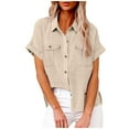 thumbnail image 1 of JUUYY Women's Cotton Linen Blouses Short Sleeve Button down Shirts Collar V Neck Casual Work Tops with Two Cargo Pockets Beige L, 1 of 8