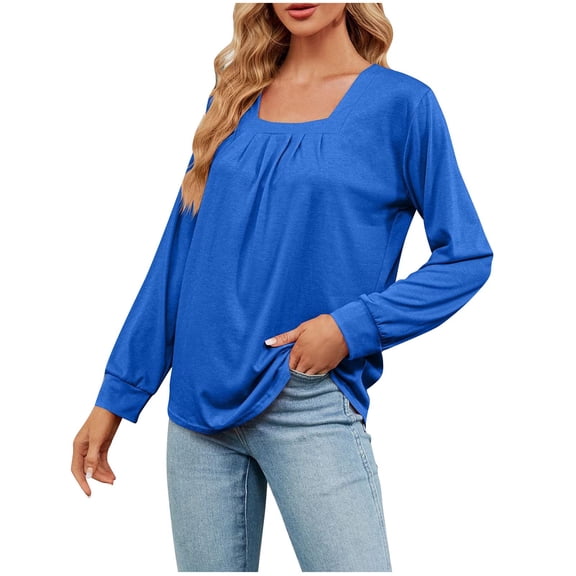 JUUYY Women's Cotton Long Sleeve Scoop Neck Pleated Front Fitted Blouse Tops Loose Casual Solid T-Shirt Blue M