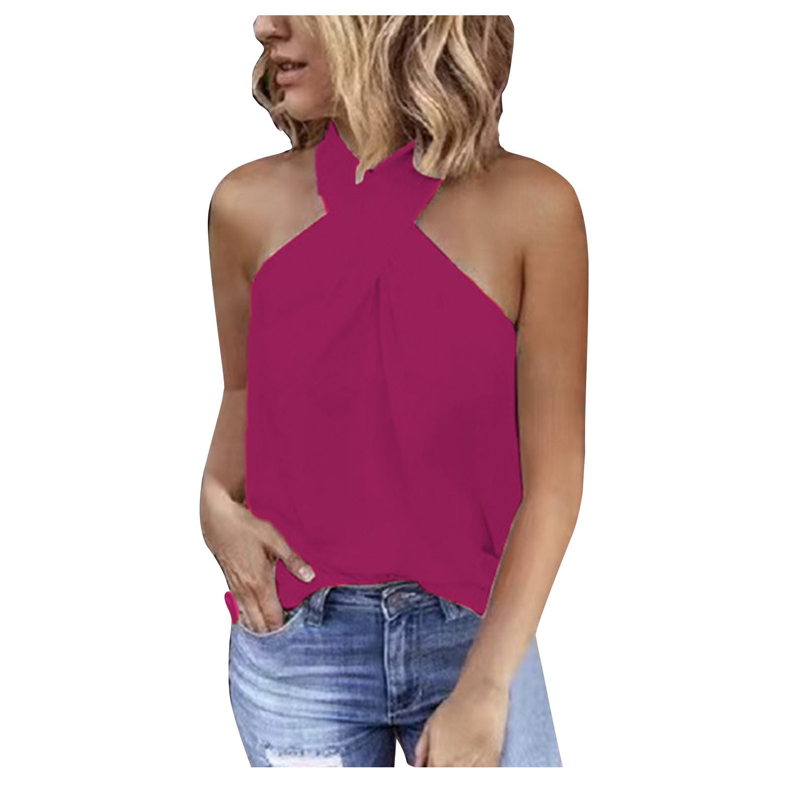 ★HILLDA★ Soft Slim Halterneck Sleeveless Top Navy HDT004N JUUYY Women's Criss Cross Halter Neck Sleeveless Tank Tops